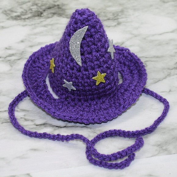 HAND CRAFTED Crochet Halloween Wizard Hat Moon Stars Costume Photo Prop - Picture 6 of 13